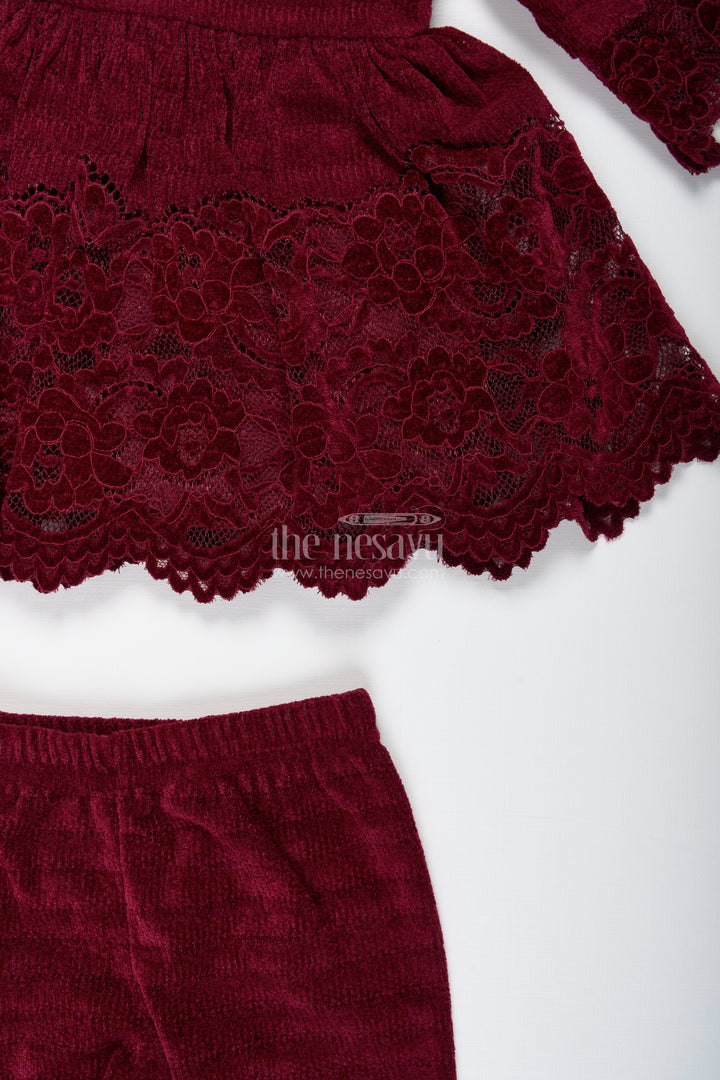 Maroon Velvet Sharara Set For Toddler Girls Ethnic Outfit With Embroidered Yoke For Weddings