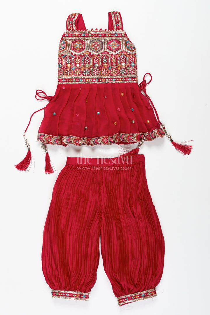 Girls Red Sharara Set With Mirror Embroidered Peplum Top