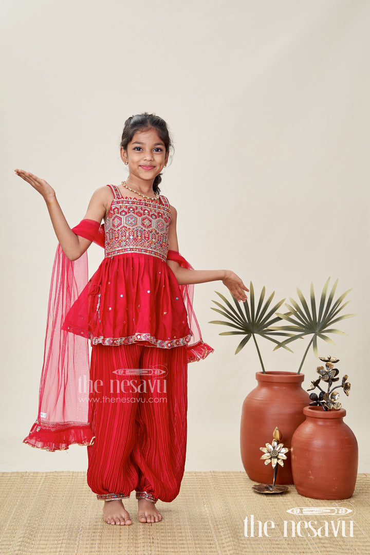 Girls Red Sharara Set With Mirror Embroidered Peplum Top