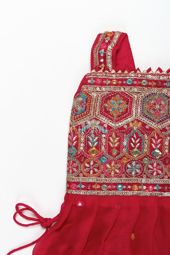 Girls Red Sharara Set With Mirror Embroidered Peplum Top