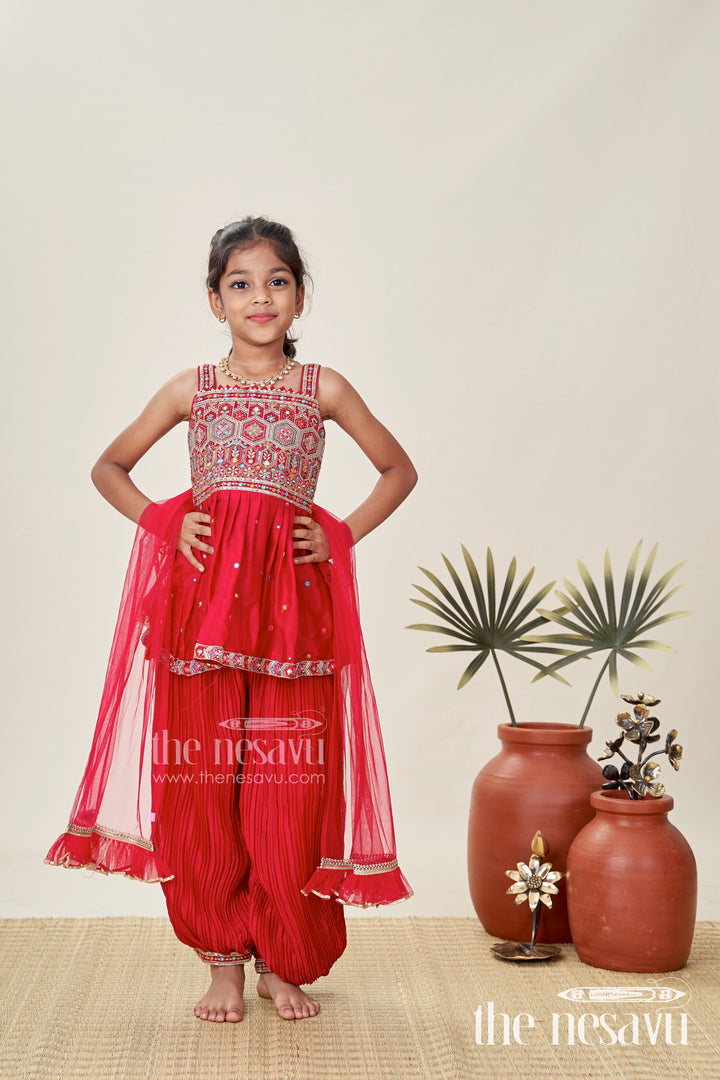 Girls Red Sharara Set With Mirror Embroidered Peplum Top