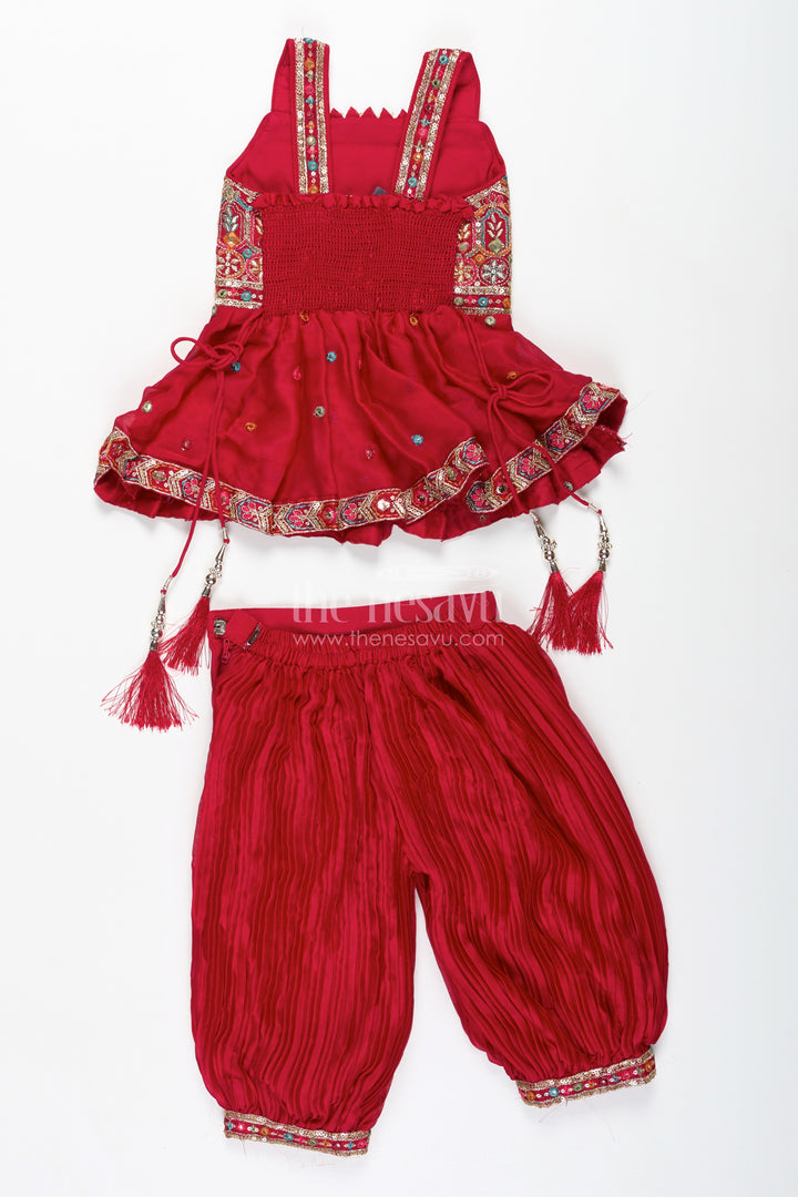 Girls Red Sharara Set With Mirror Embroidered Peplum Top