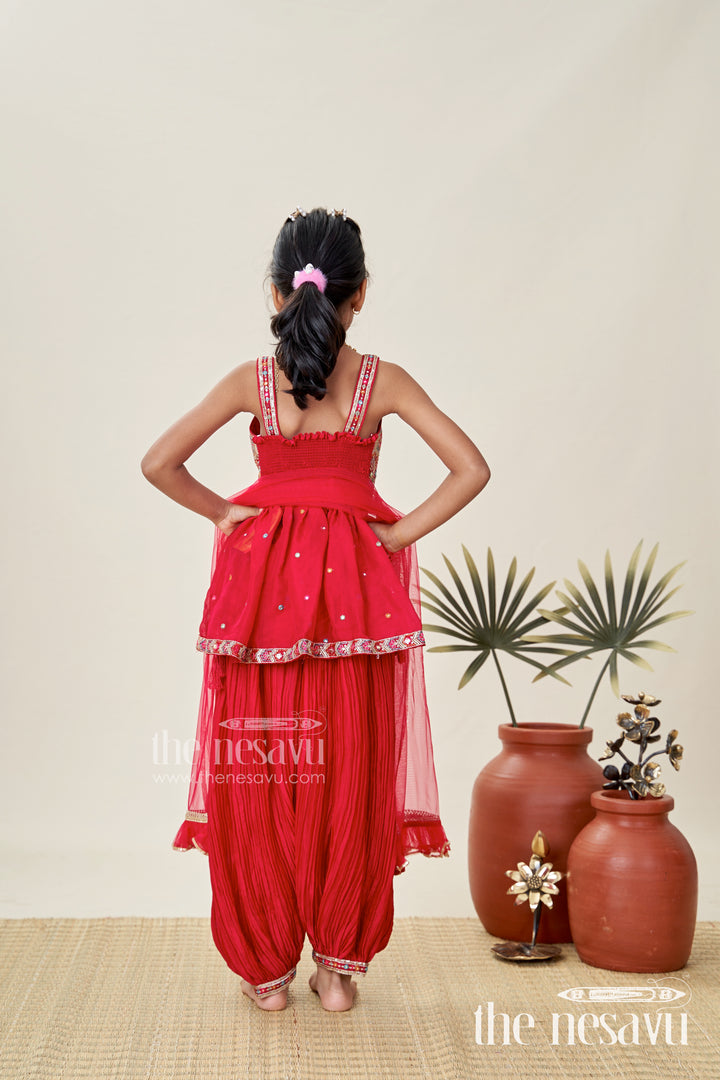 Girls Red Sharara Set With Mirror Embroidered Peplum Top