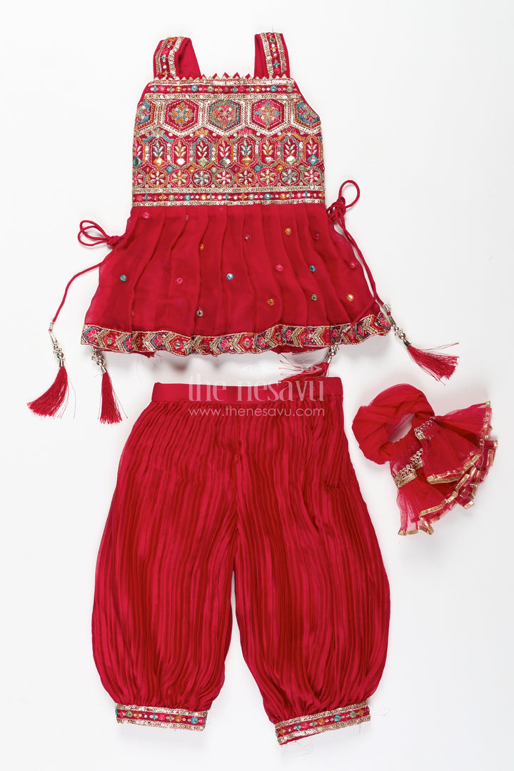 Girls Red Sharara Set With Mirror Embroidered Peplum Top