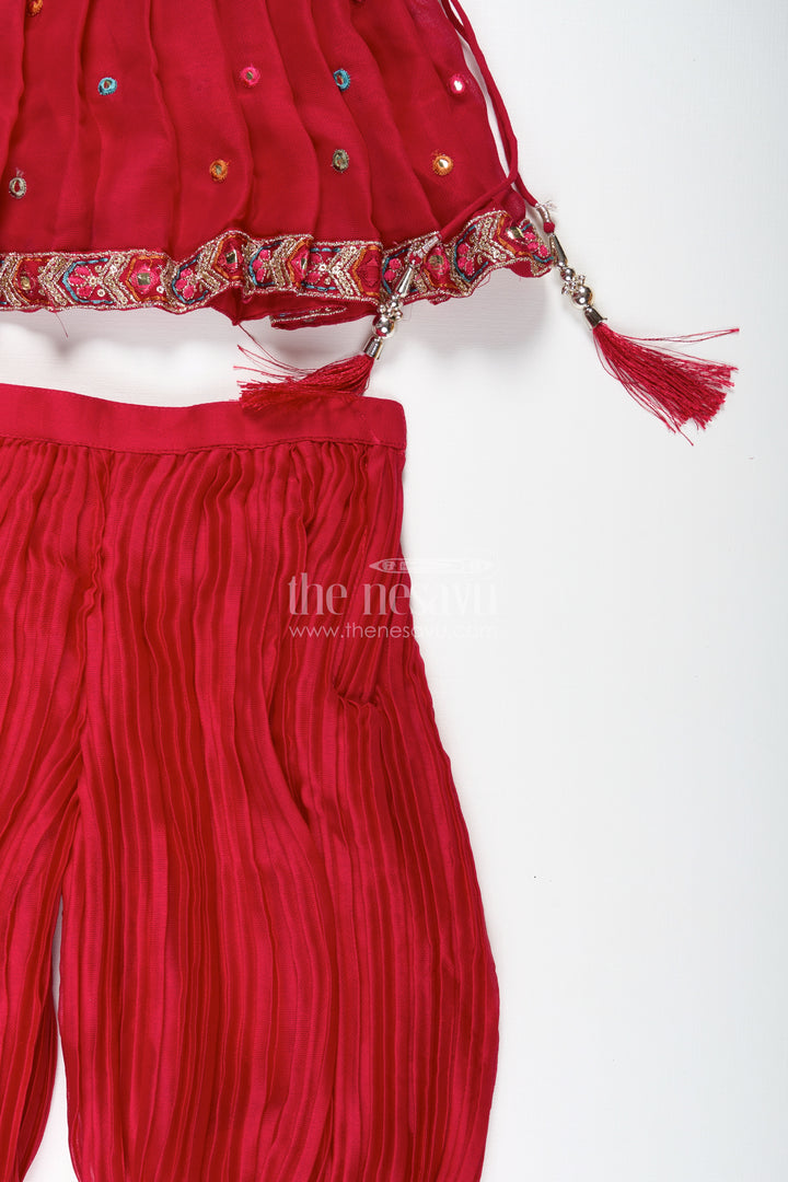 Girls Red Sharara Set With Mirror Embroidered Peplum Top