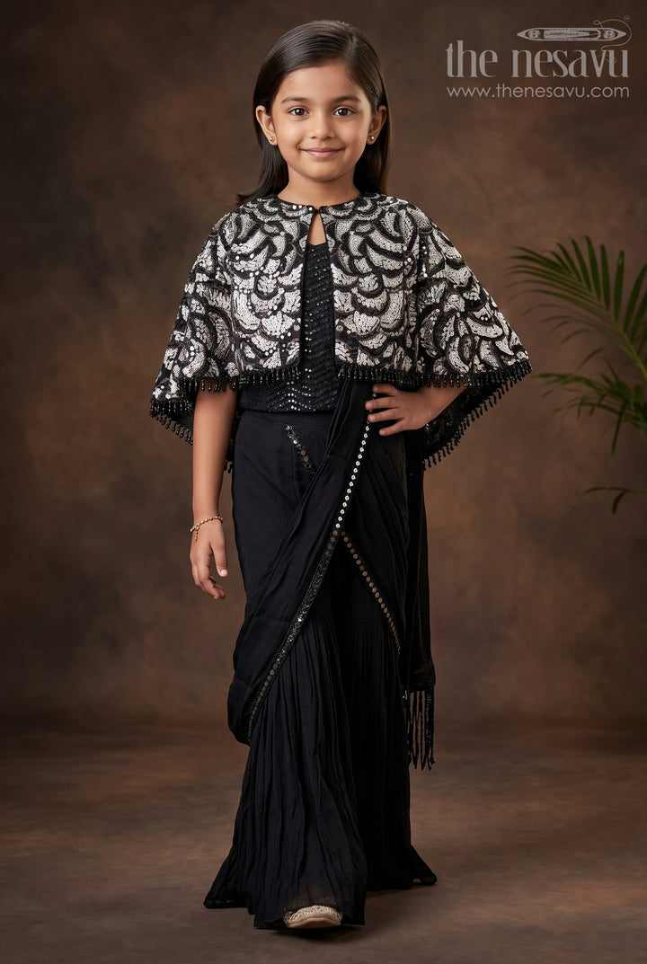 Girls Indo Western Sharara Set with Sequin Cape and Crop Top