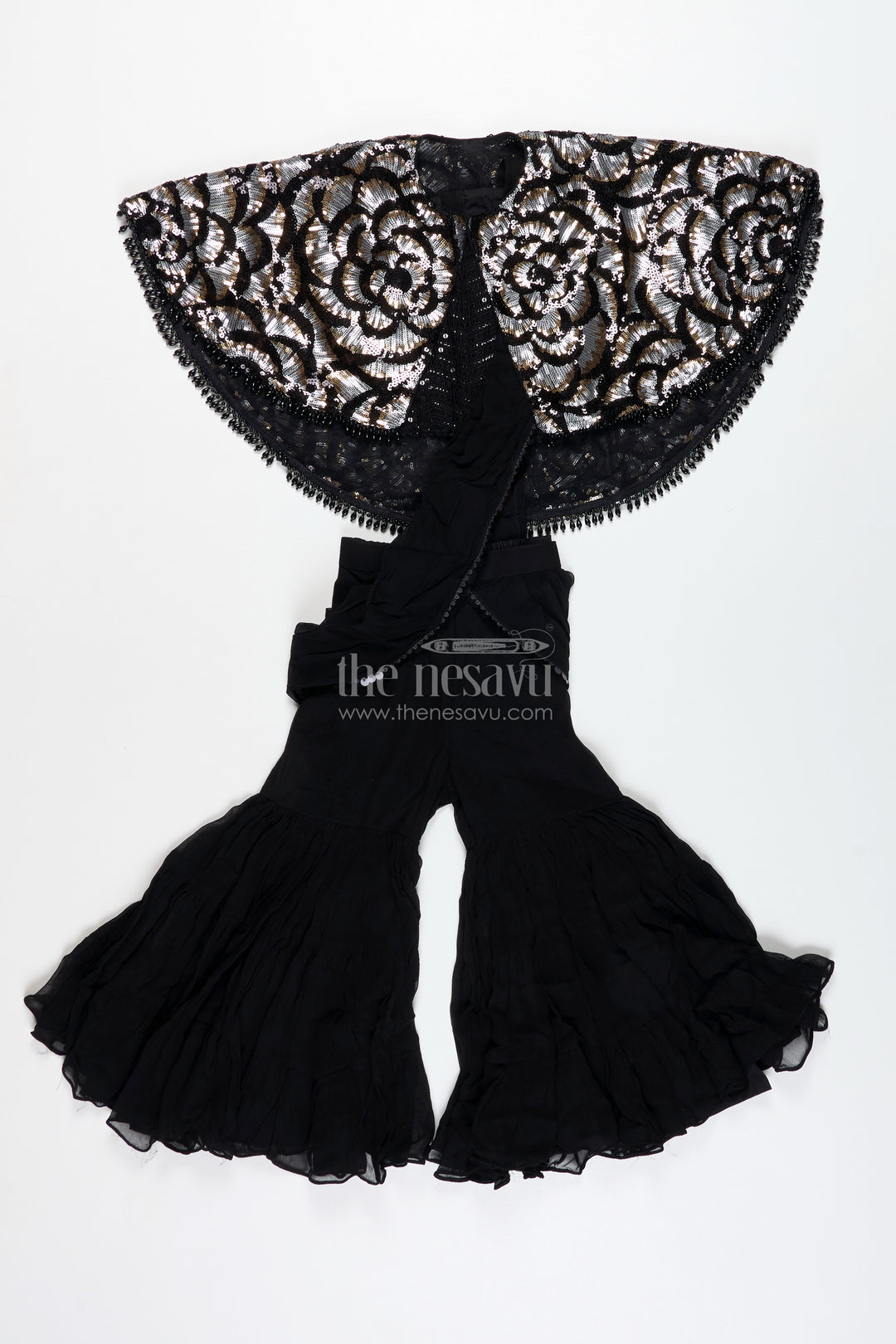 Girls Indo Western Sharara Set With Sequin Cape And Crop Top