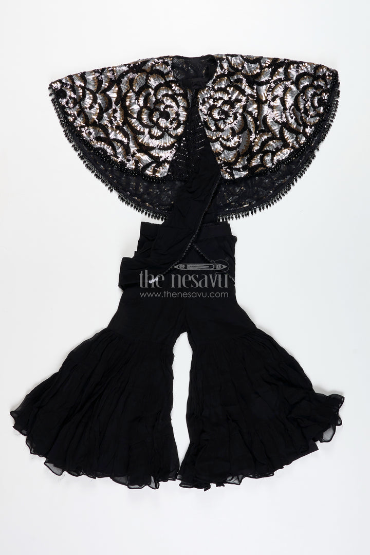 Girls Indo Western Sharara Set With Sequin Cape And Crop Top