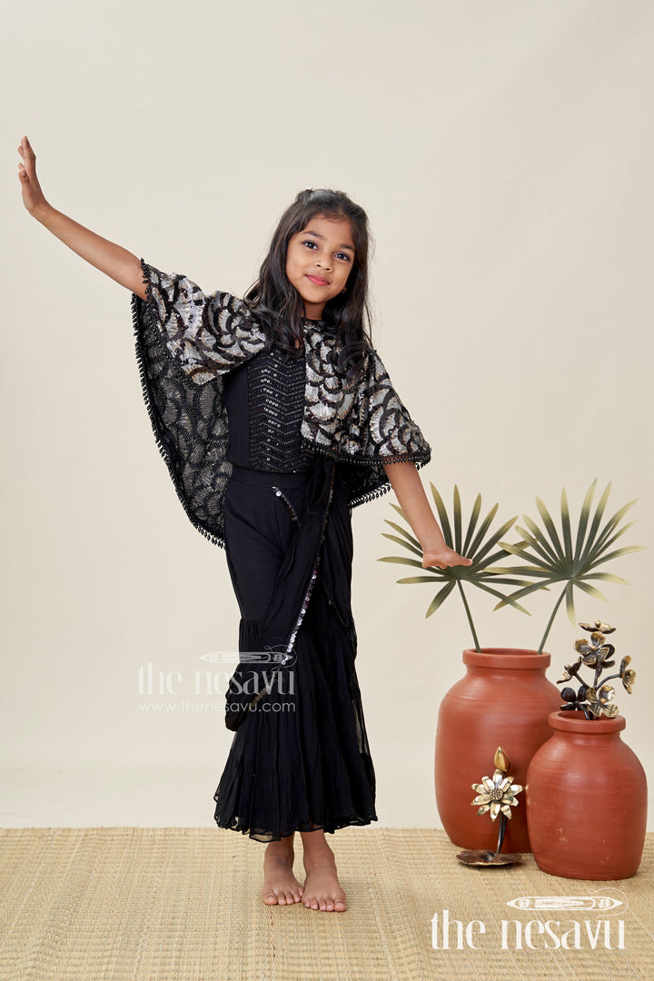 Girls Indo Western Sharara Set With Sequin Cape And Crop Top