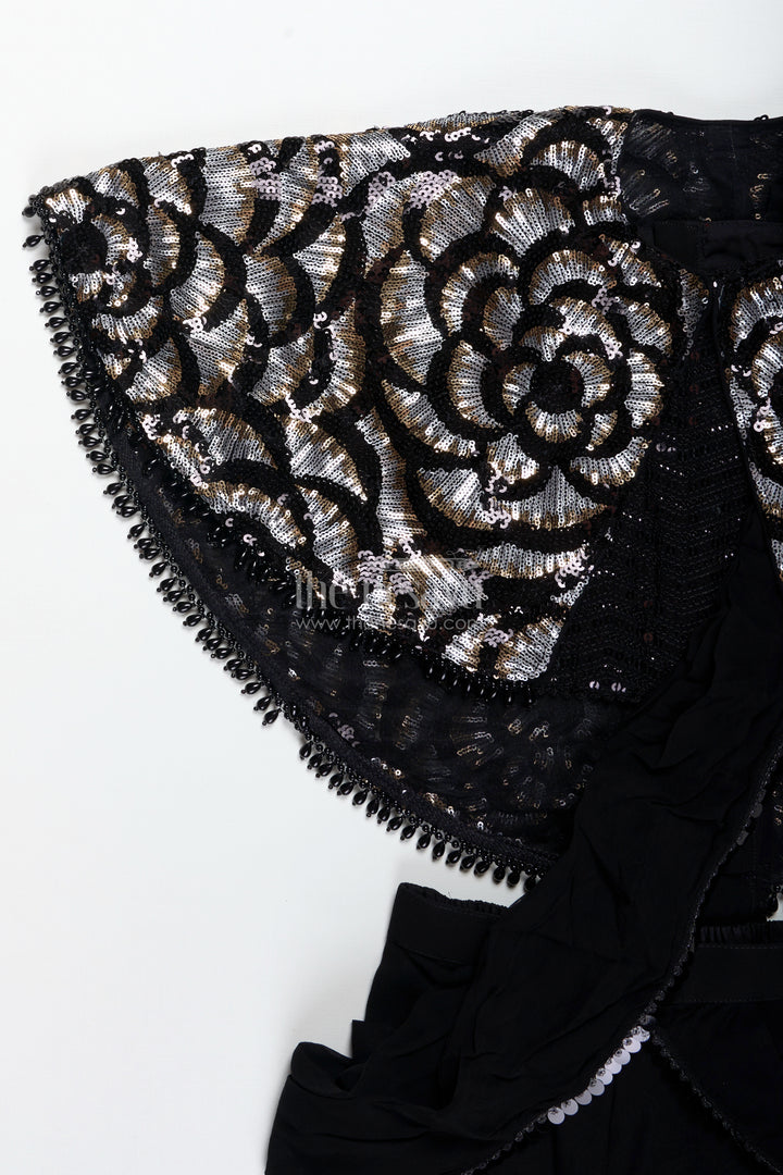 Girls Indo Western Sharara Set With Sequin Cape And Crop Top