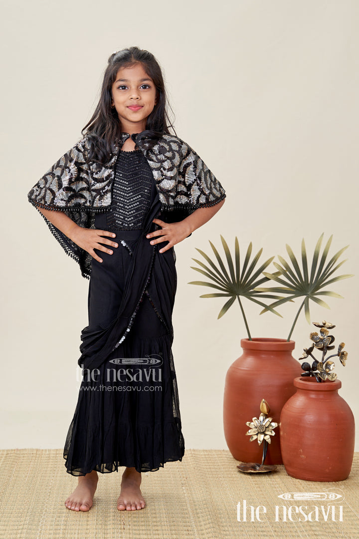 Girls Indo Western Sharara Set With Sequin Cape And Crop Top