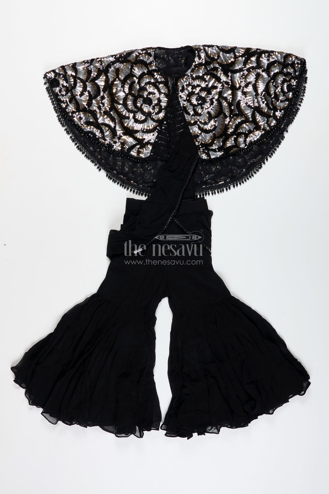 Girls Indo Western Sharara Set With Sequin Cape And Crop Top