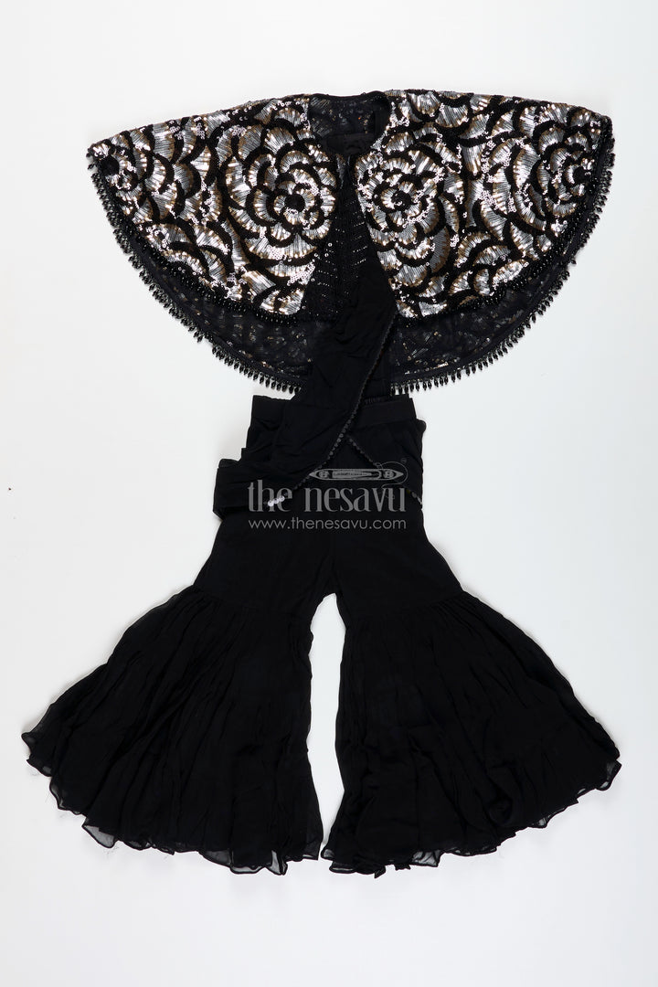 Girls Indo Western Sharara Set With Sequin Cape And Crop Top