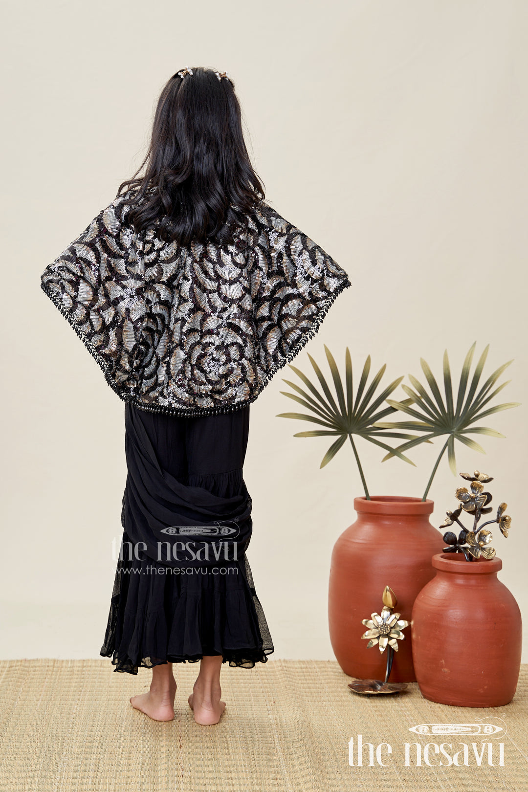 Girls Indo Western Sharara Set With Sequin Cape And Crop Top