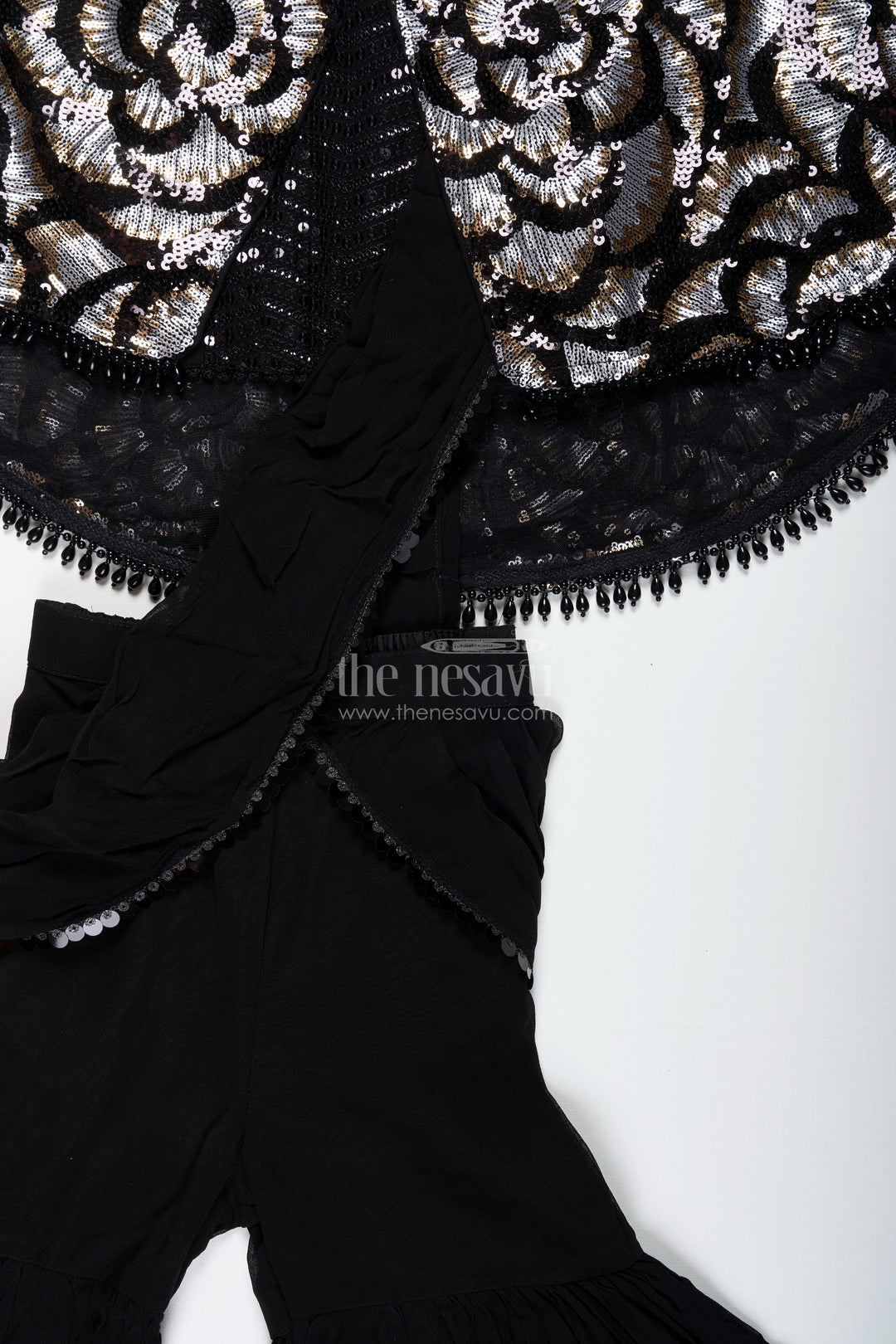 Girls Indo Western Sharara Set With Sequin Cape And Crop Top