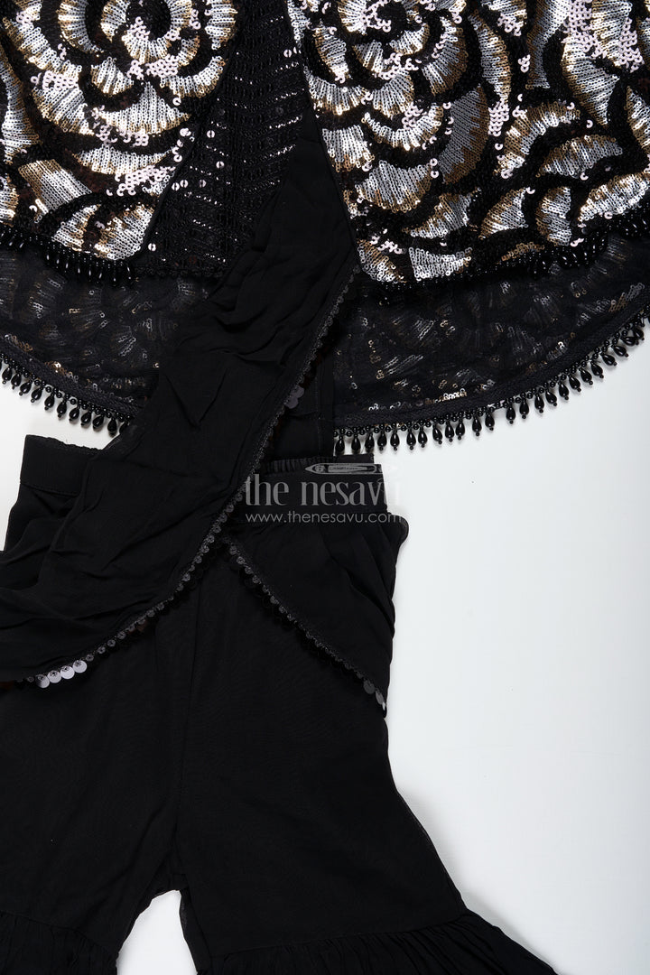 Girls Indo Western Sharara Set With Sequin Cape And Crop Top