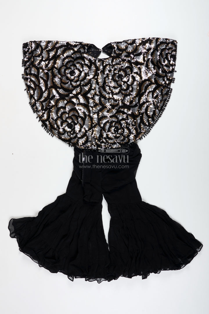 Girls Indo Western Sharara Set With Sequin Cape And Crop Top