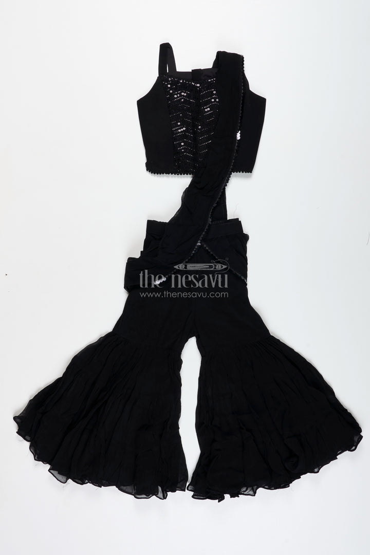 Girls Indo Western Sharara Set With Sequin Cape And Crop Top