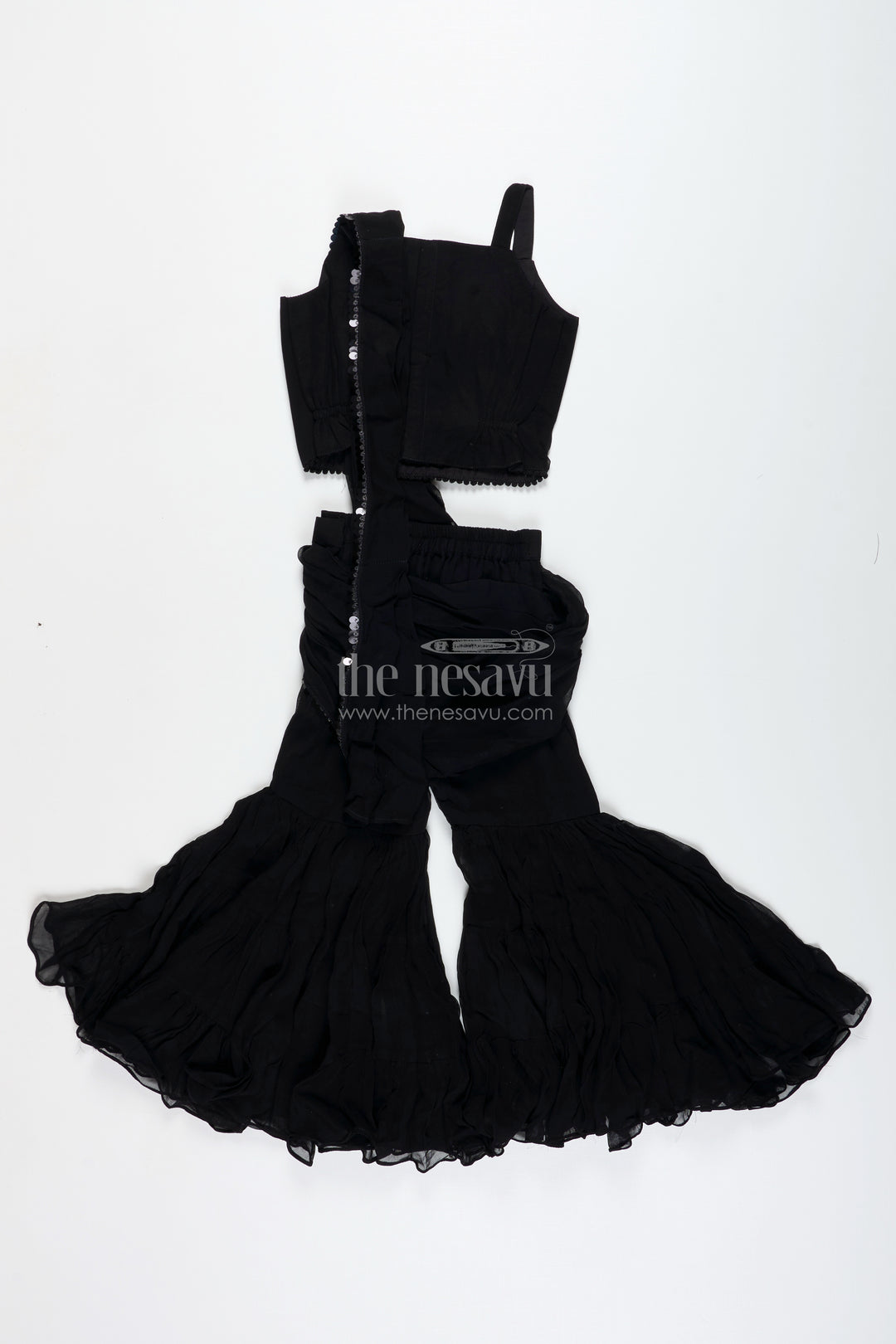 Girls Indo Western Sharara Set With Sequin Cape And Crop Top