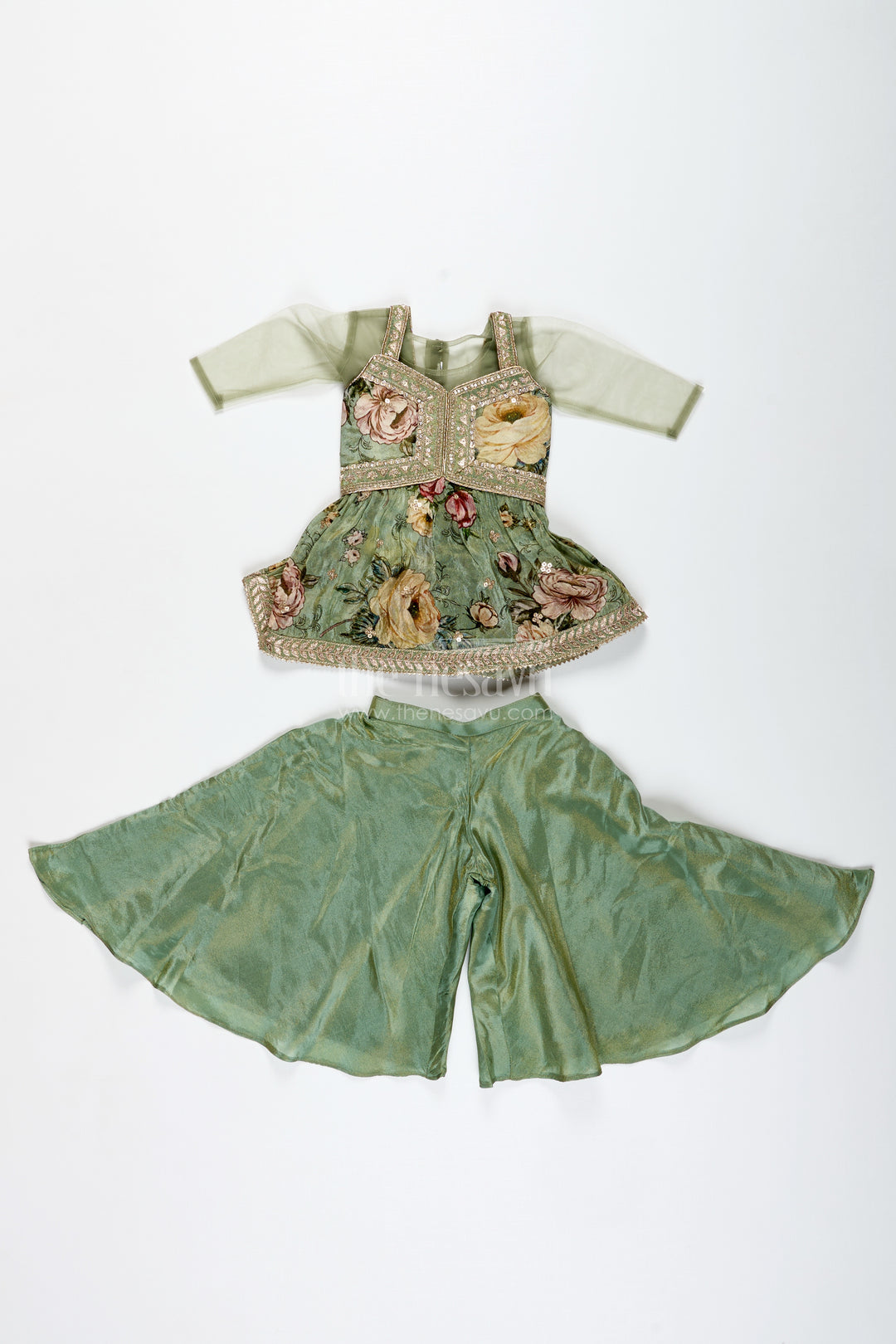 Green Floral Sharara Set Viscose Silk With Vibrant Floral Embroidery