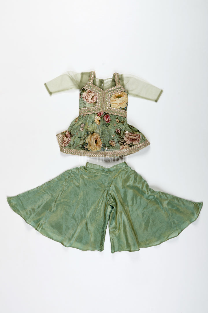 Green Floral Sharara Set Viscose Silk With Vibrant Floral Embroidery