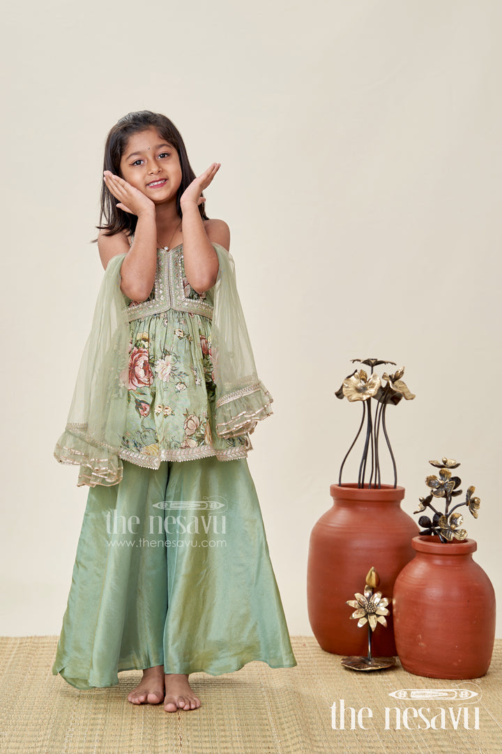 Green Floral Sharara Set Viscose Silk With Vibrant Floral Embroidery