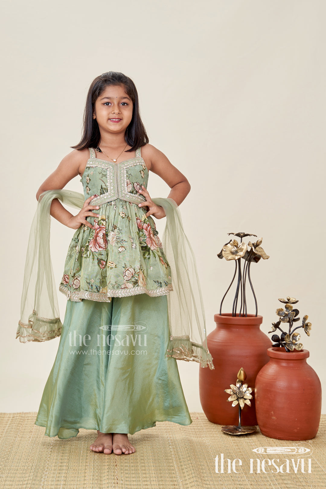 Green Floral Sharara Set Viscose Silk With Vibrant Floral Embroidery