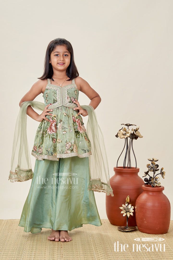 Green Floral Sharara Set Viscose Silk With Vibrant Floral Embroidery