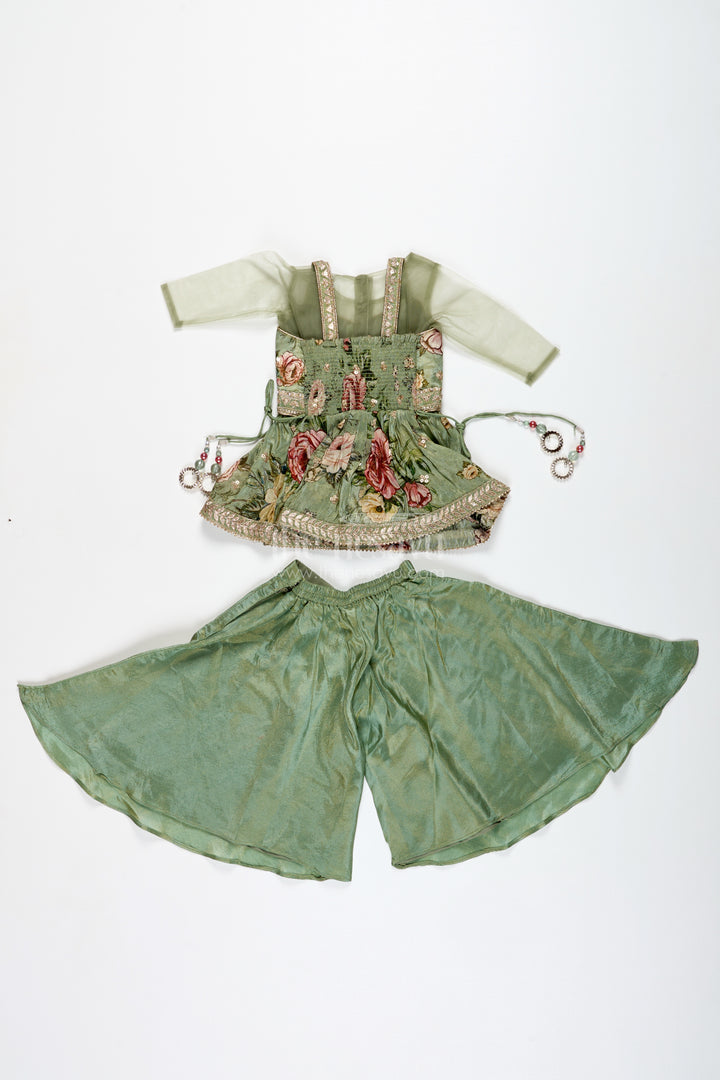Green Floral Sharara Set Viscose Silk With Vibrant Floral Embroidery