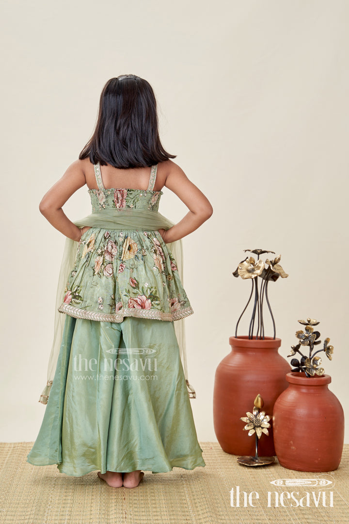 Green Floral Sharara Set Viscose Silk With Vibrant Floral Embroidery