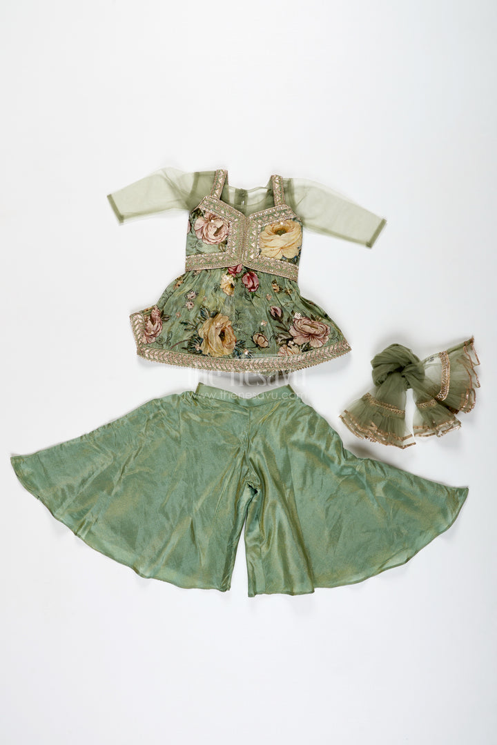 Green Floral Sharara Set Viscose Silk With Vibrant Floral Embroidery