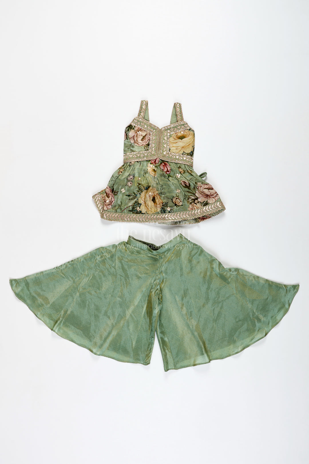 Green Floral Sharara Set Viscose Silk With Vibrant Floral Embroidery
