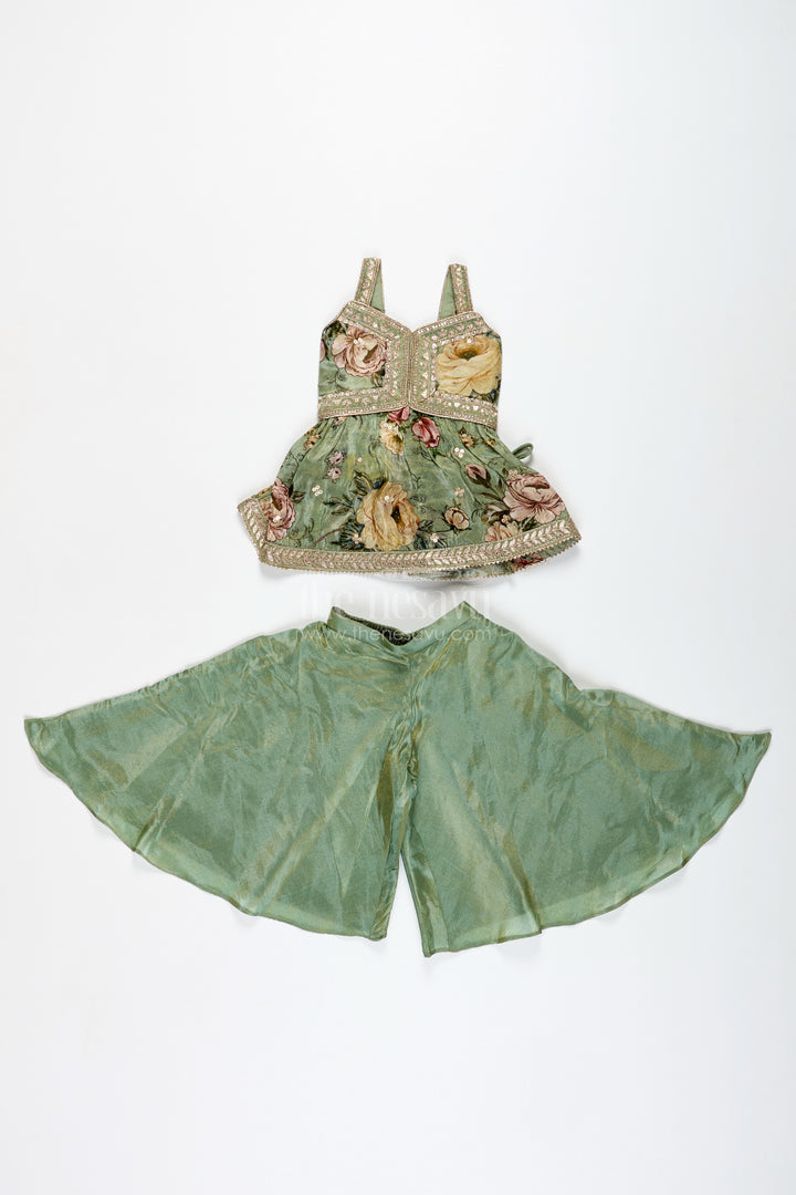 Green Floral Sharara Set Viscose Silk With Vibrant Floral Embroidery