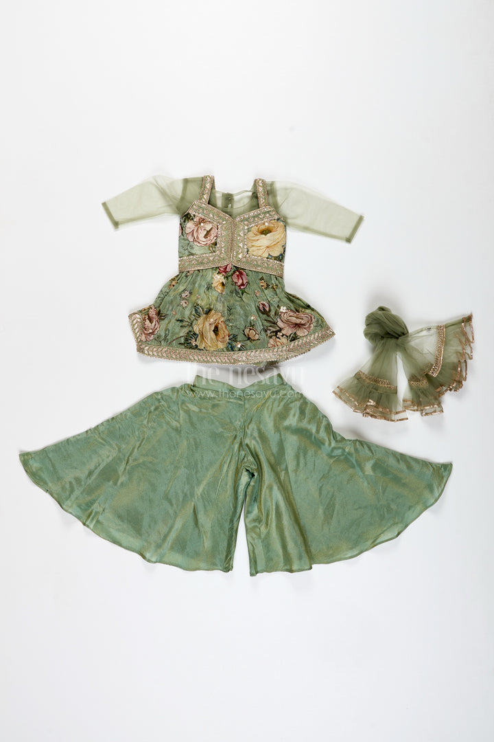 Green Floral Sharara Set Viscose Silk With Vibrant Floral Embroidery