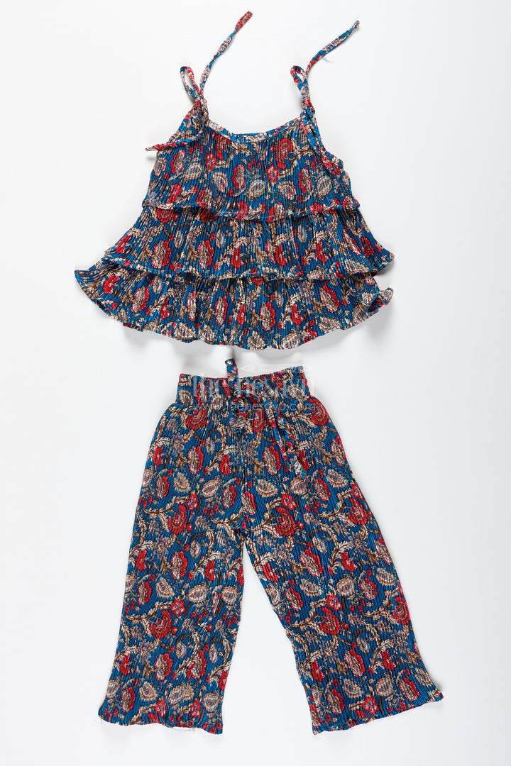 Girls Pleated Sharara Set In Blue Chinon For Festive Family Functions