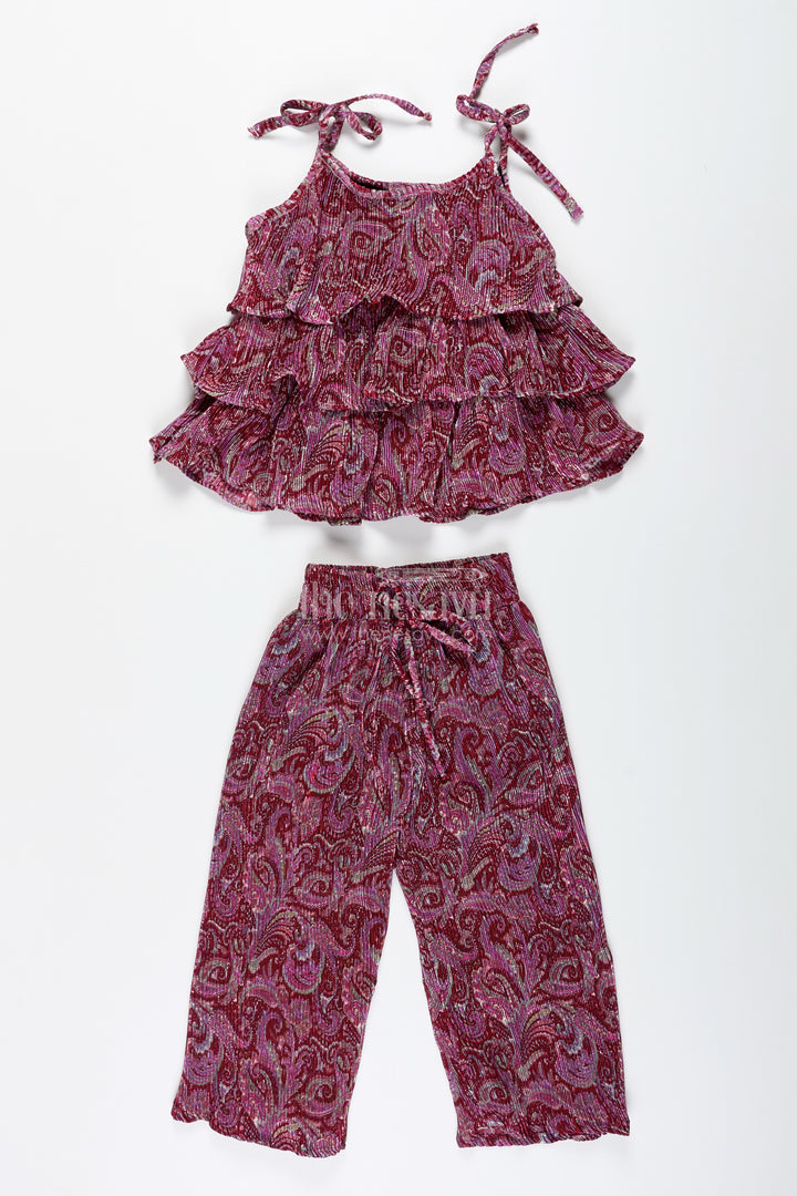 Girls Pink Printed Sharara Set With Layered Frill Top For Weddings And Functions