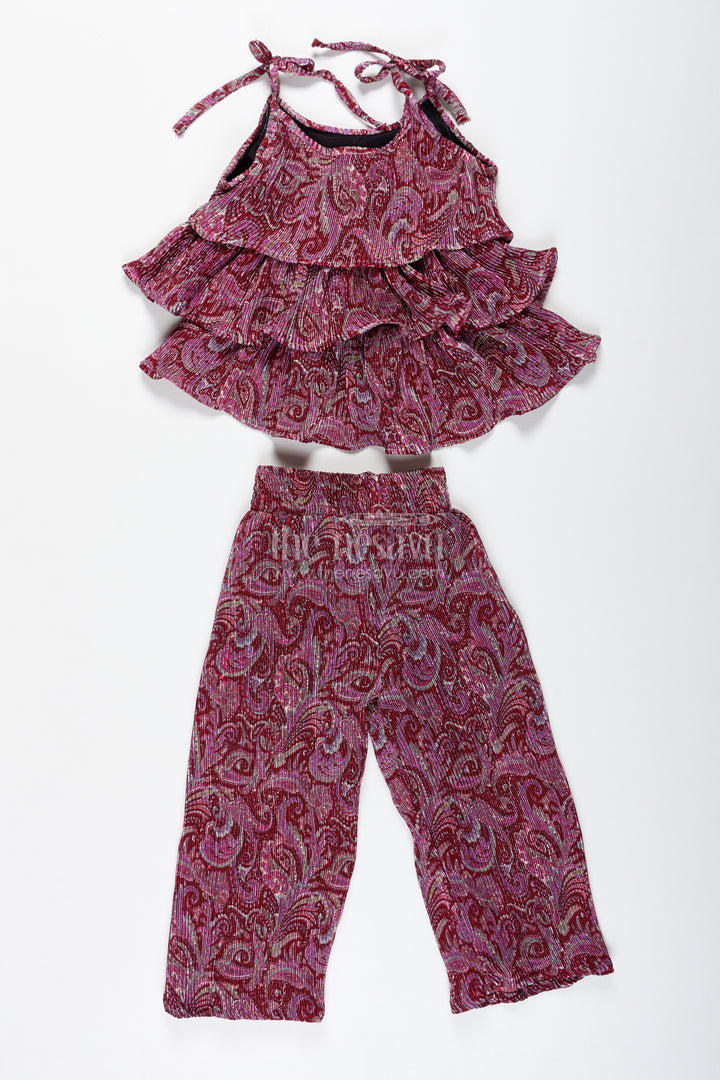 Girls Pink Printed Sharara Set With Layered Frill Top For Weddings And Functions