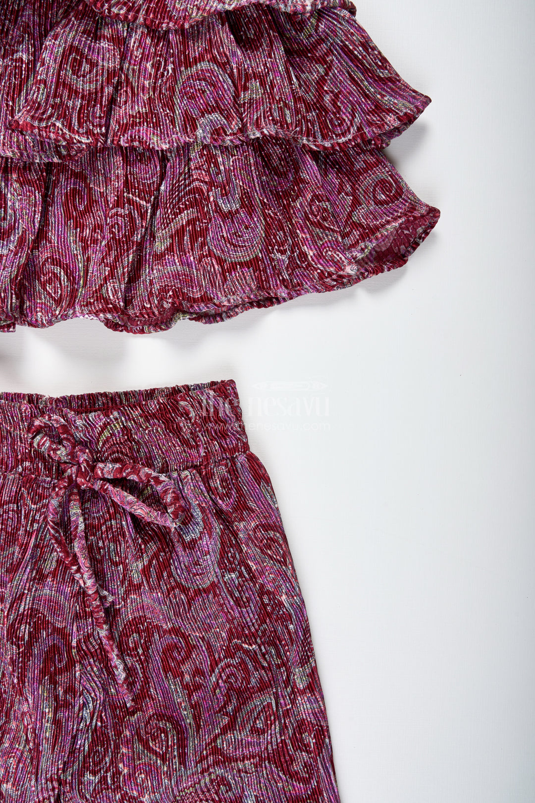 Girls Pink Printed Sharara Set With Layered Frill Top For Weddings And Functions