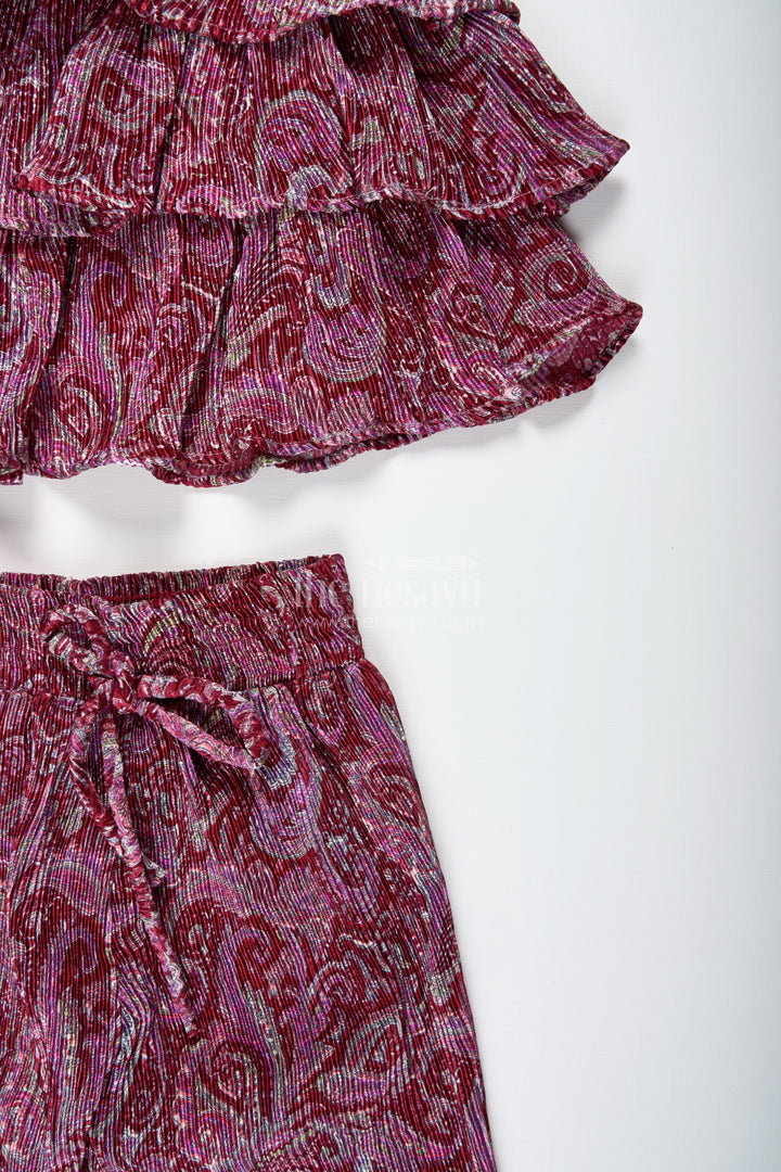 Girls Pink Printed Sharara Set With Layered Frill Top For Weddings And Functions