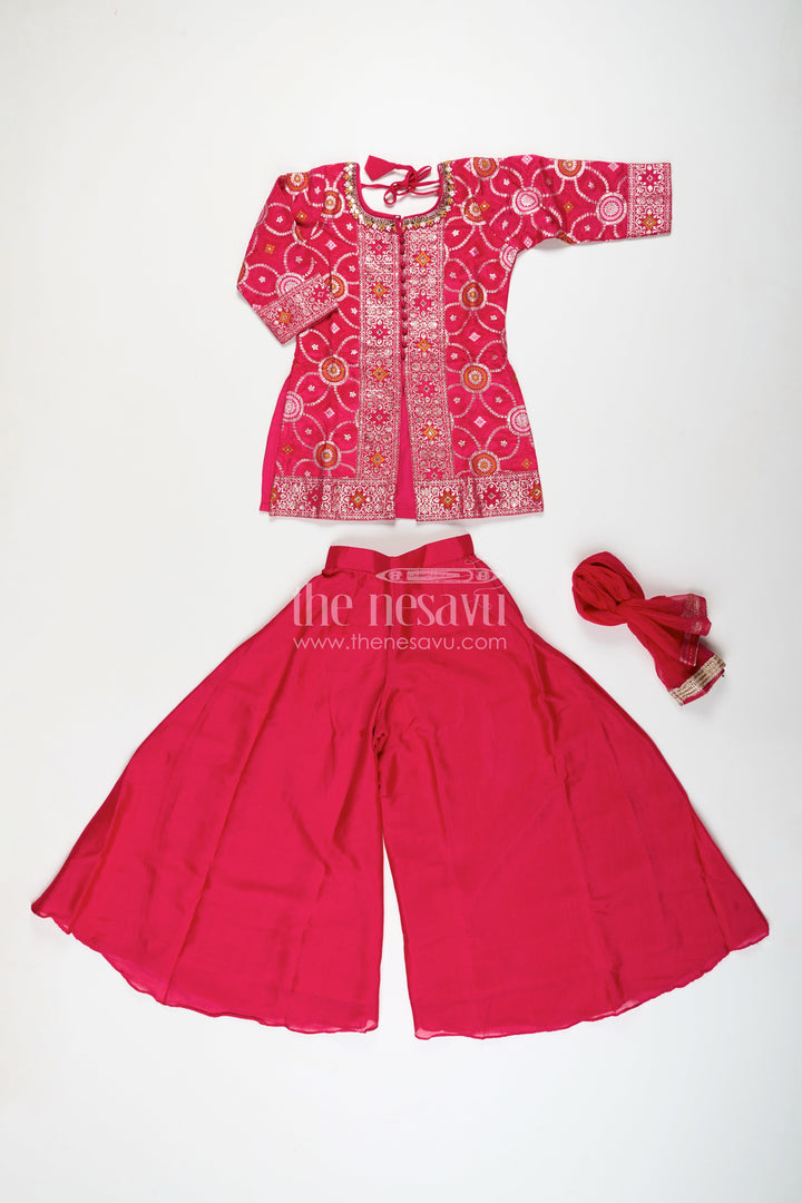 Girls red sharara set with embroidered yoke for weddings and festive wear