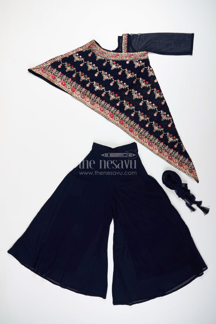 One-shoulder ethnic plazo set with floral embroidery – stylish pick for festive occasions