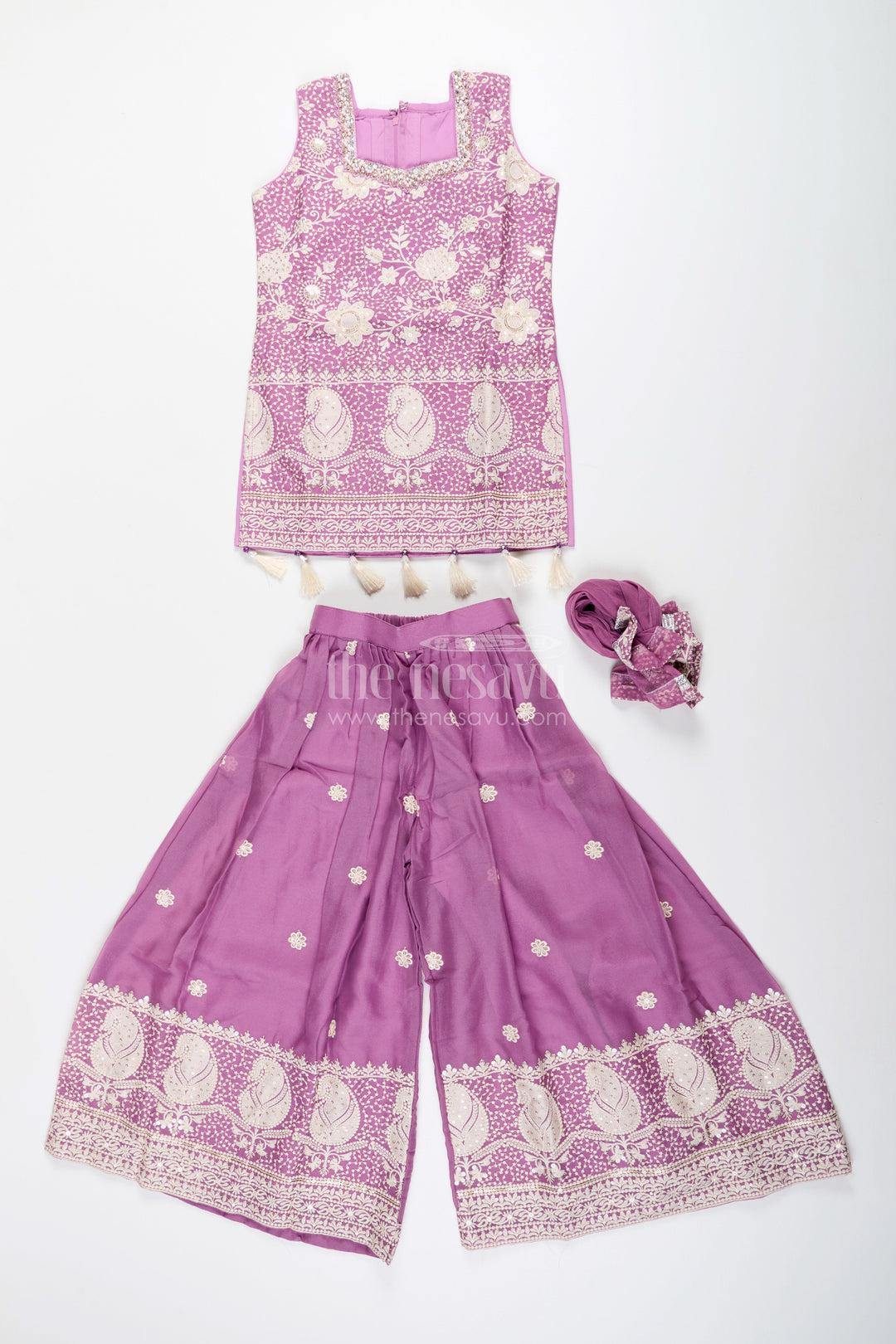 Embroidered plazo set with tassel detail – festive ethnic set for girls