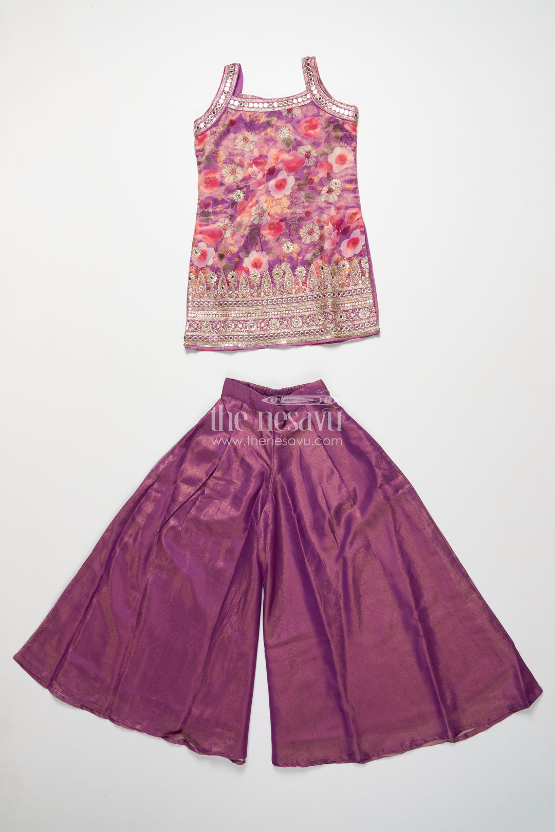 Girls sharara set in viscose silk with floral embroidery yoke