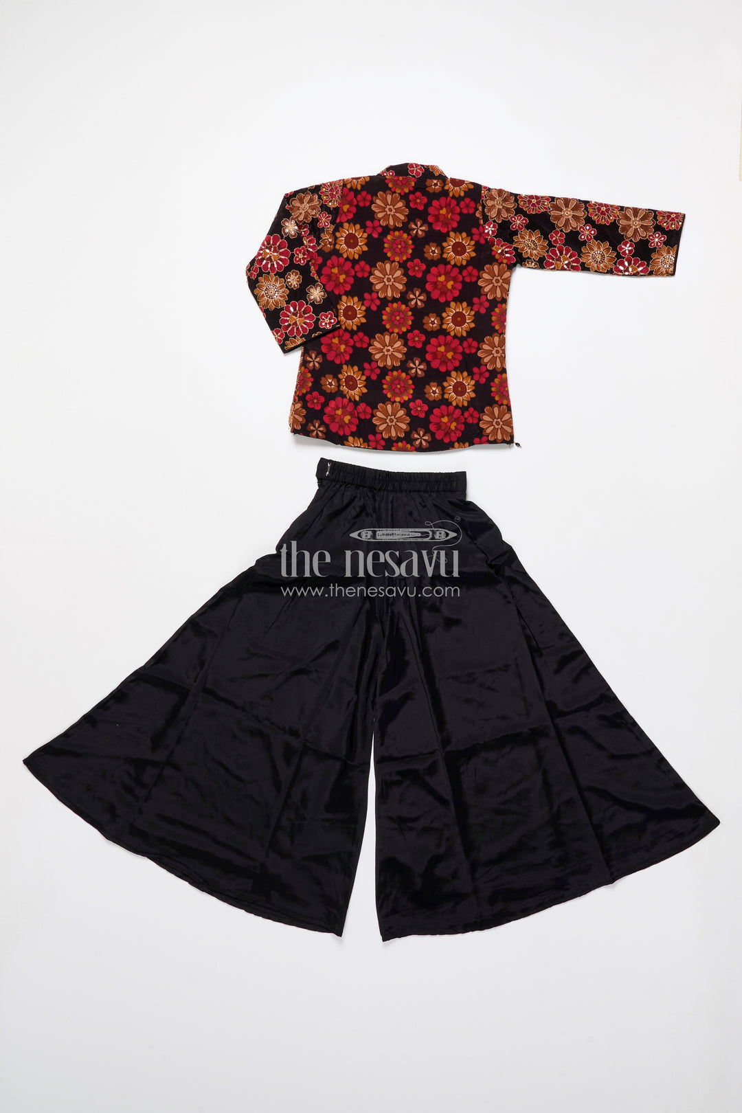 Elegant black sharara set with rich floral embroidery