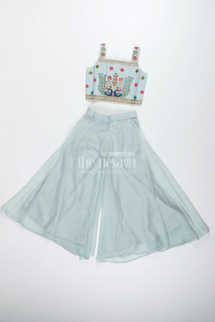 Embroidered crop top with flared plazo – peacock motif ethnic wear for girls