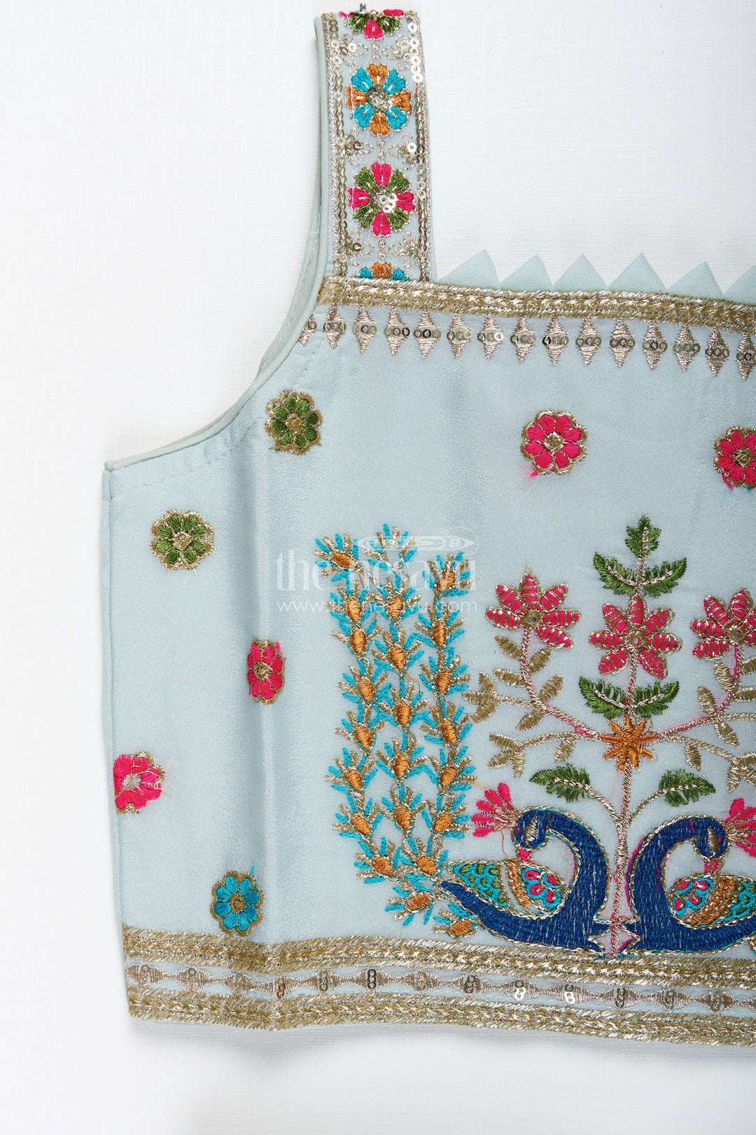 Embroidered crop top with flared plazo – peacock motif ethnic wear for girls