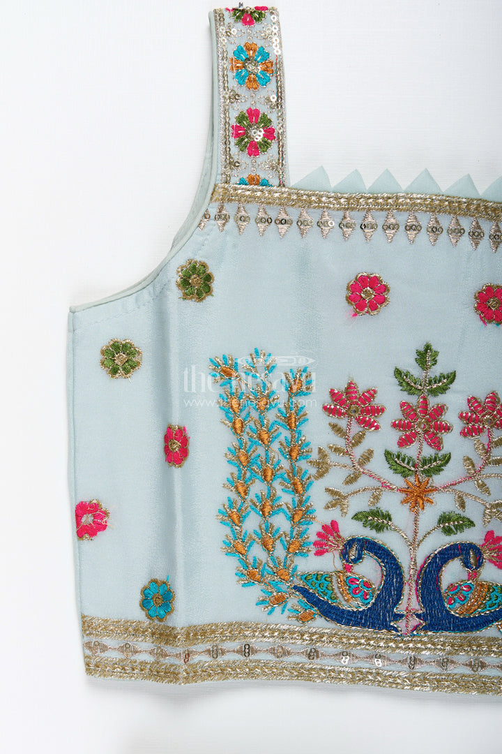 Embroidered crop top with flared plazo – peacock motif ethnic wear for girls