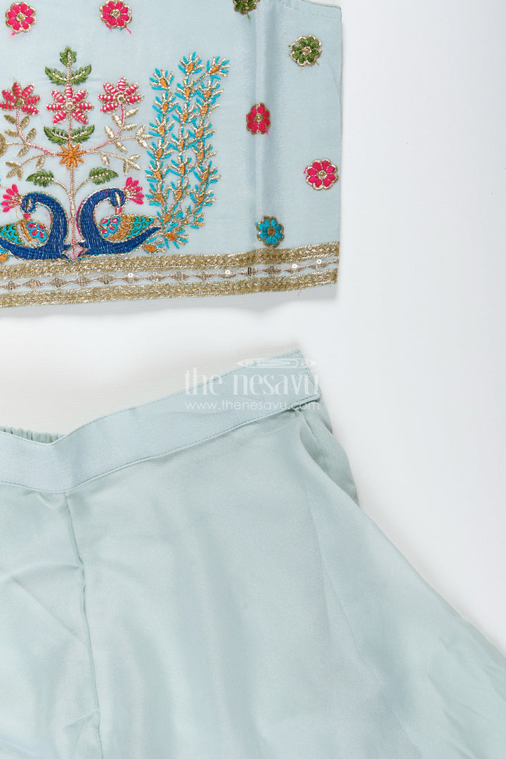 Embroidered crop top with flared plazo – peacock motif ethnic wear for girls