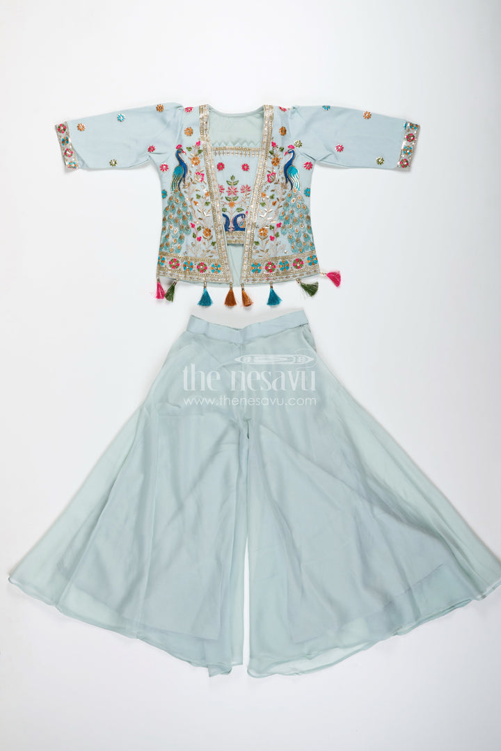 Embroidered crop top with flared plazo – peacock motif ethnic wear for girls