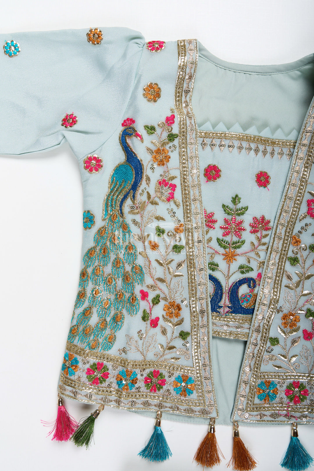 Embroidered crop top with flared plazo – peacock motif ethnic wear for girls